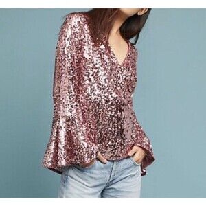 ANTHROPOLOGIE MOULINETTE SOEURS 6 Sequin Top Bell Sleeve Pink OB722941 $118